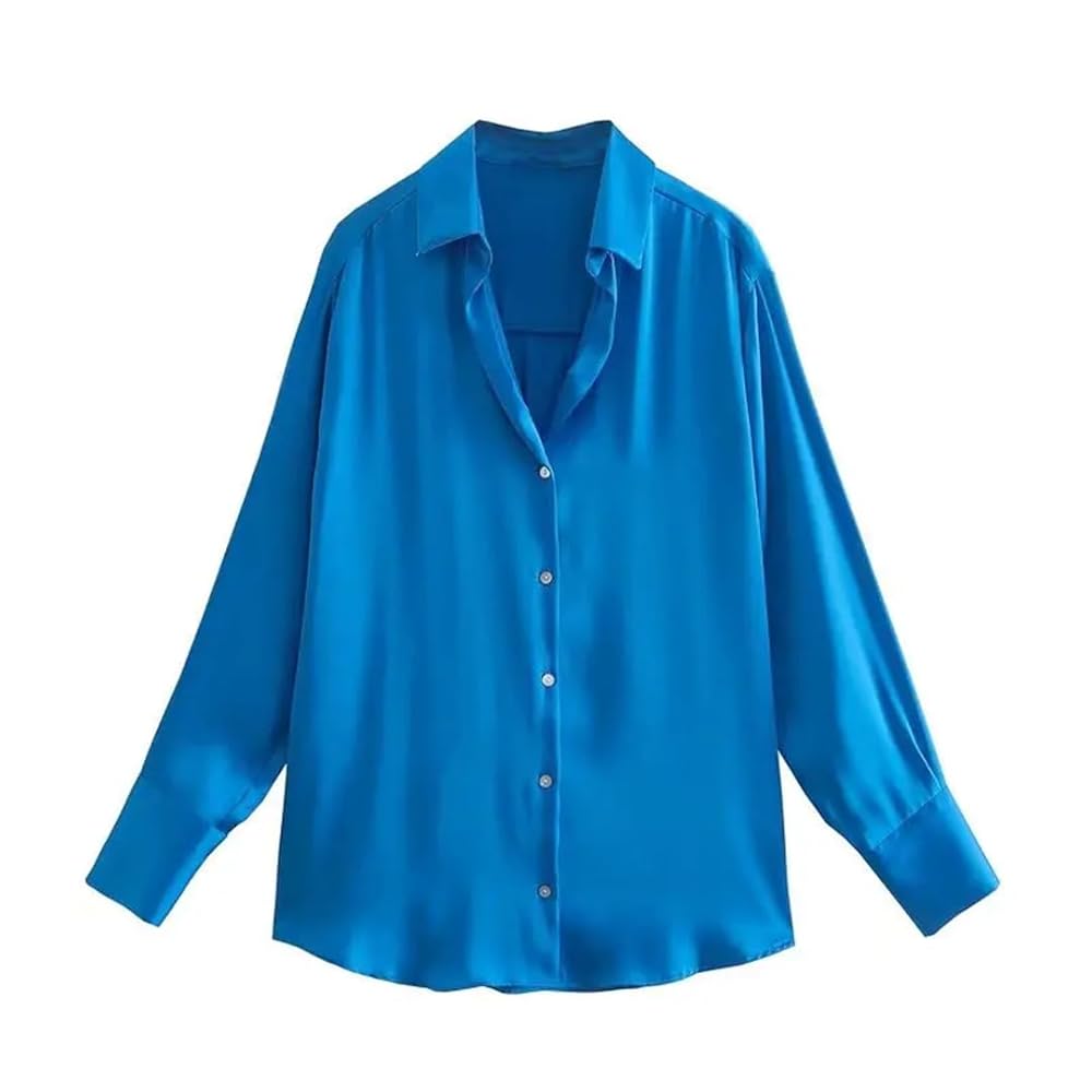 Wvapzxx Women Loose Basic Satin Shirts Long Sleeve Button Up